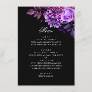 Menu Fleurs d'aquarelle violet. Mariage floral noir