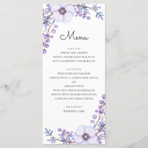 Menu Fleurs d'aquarelle violet. Mariage floral violet