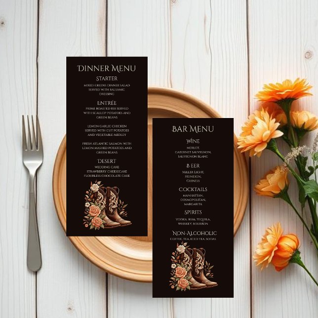 Menu Fleurs de l'Ouest du pays avec bottes de cowboy (Country Western-Flowers with Cowboy Boots-Wedding dinner and bar menu)