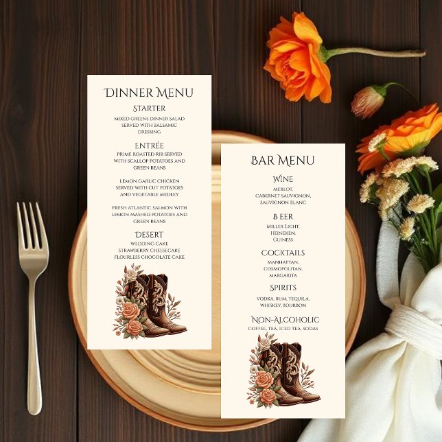 Menu Fleurs de l'Ouest du pays avec bottes de cowboy (Modern Country Western Wedding-Flowers With Cowboy Boots-Wedding Dinner and Bar Menu)
