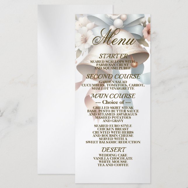 Menu Fleurs de mariage cloches Rubans bleu rose Beau (Devant / Derrière)
