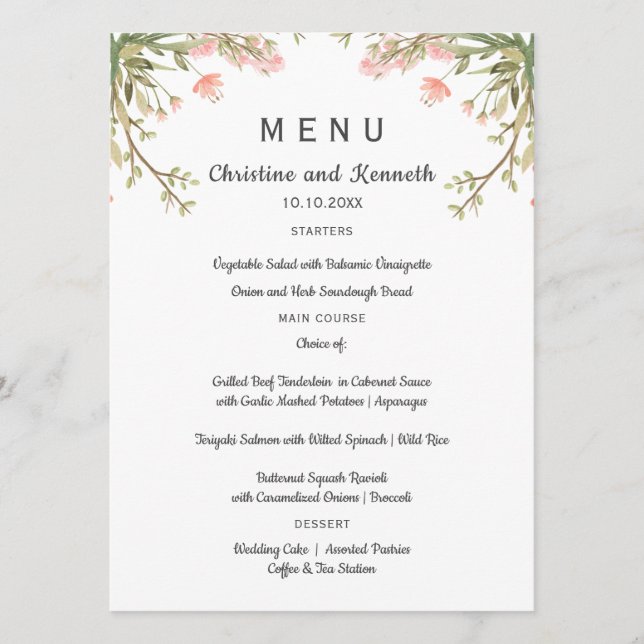 Menu Fleurs de prés roses délicates Mariage ou fête (Devant)