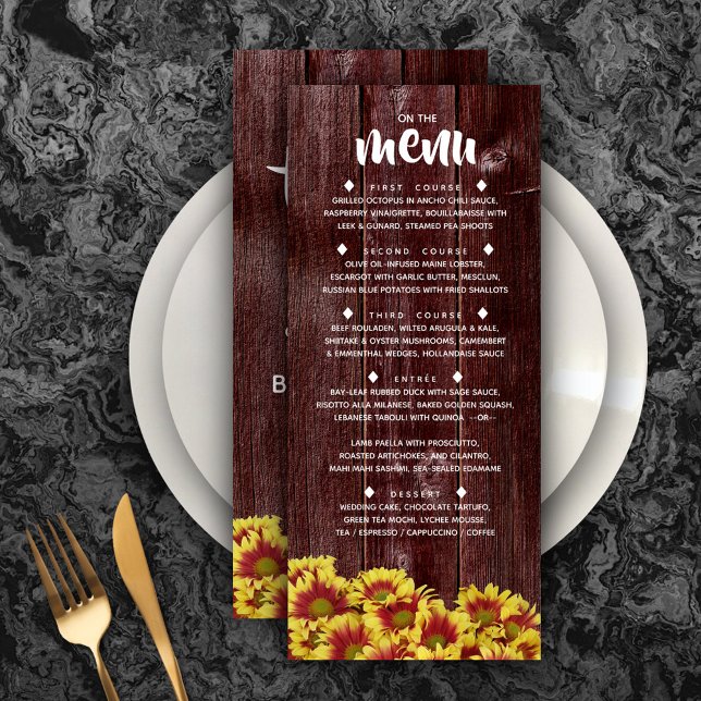Menu Fleurs de soleil d'automne rustiques sur Mariage d (Rustic Autumn Sunflowers on Fence Wedding Menu Rack Card Cover Photo.)