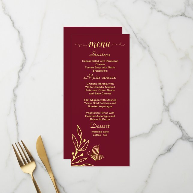 Menu Fleurs d'or simples mariage bordeaux (Devant/Arrière en situation)