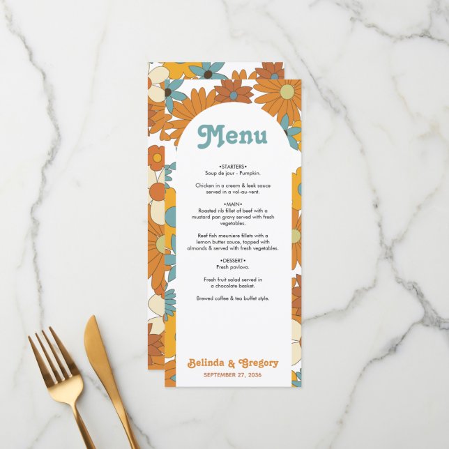 Menu Fleurs rétro colorées 60's 70's Mariage (Devant/Arrière en situation)