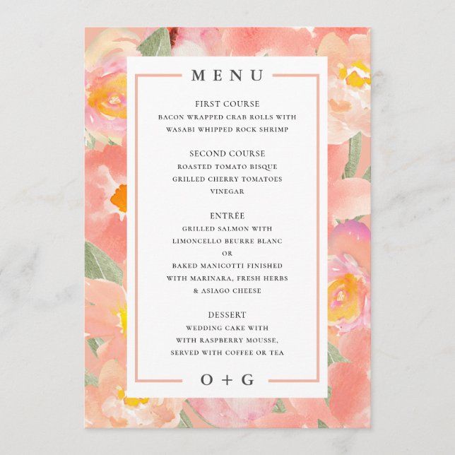 Menu Fleurs rose jardin. Mariage chic de luxe (Devant)