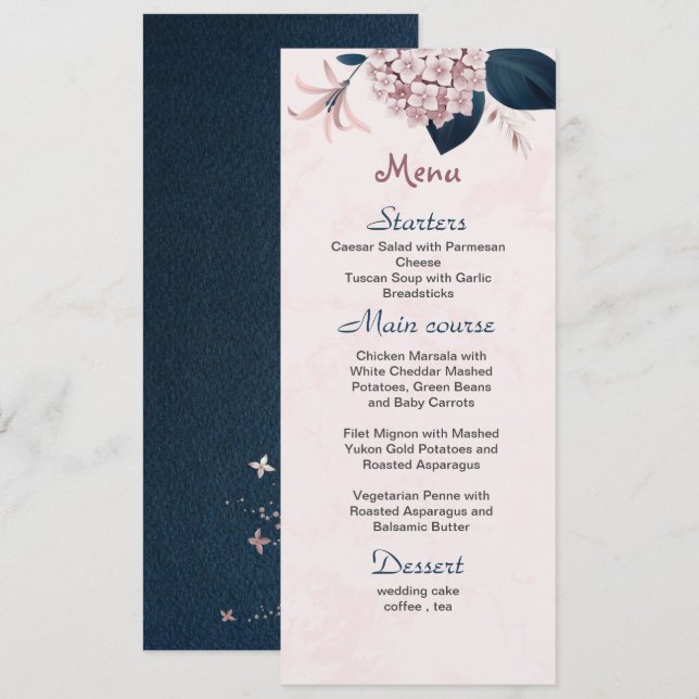 Menu fleurs roses marine feuille mariage (Devant / Derrière)