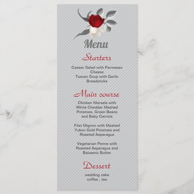 Menu fleurs rouges et blanches argent feuille mariage (Devant)