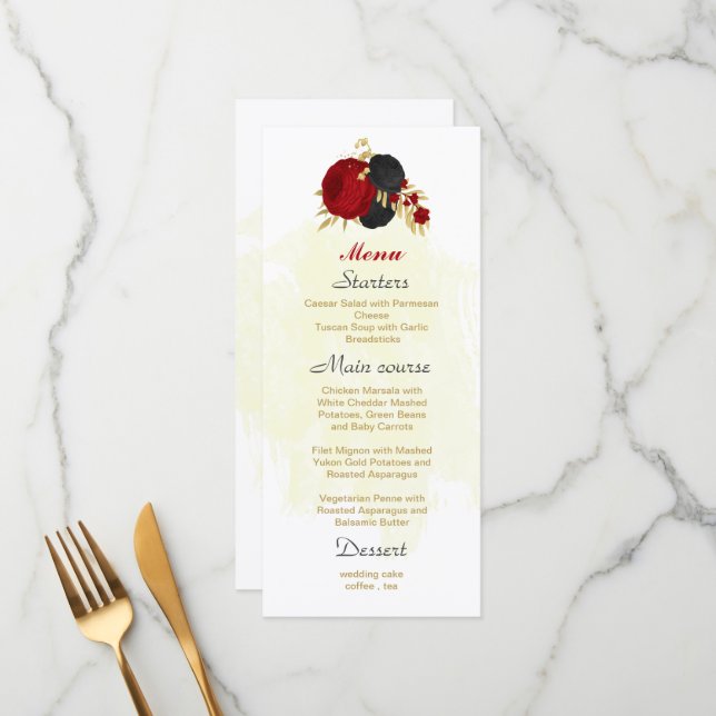 Menu fleurs rouges et noires or mariage botanique (Devant/Arrière en situation)