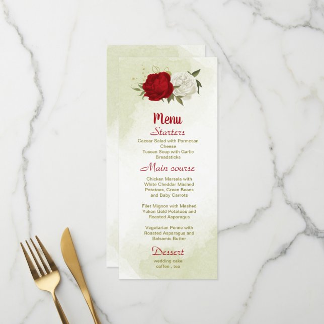 Menu fleurs rouges vert feuille mariage (Devant/Arrière en situation)