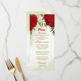 Menu fleurs rouges vert feuille mariage