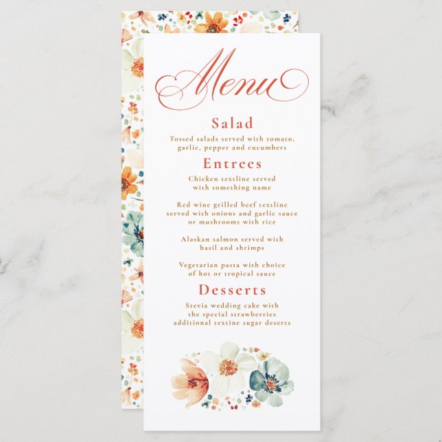 Menu Fleurs sauvages d'aquarelle Boho Mariage de automn (Devant / Derrière)