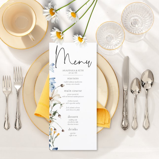 Menu Fleurs sauvages et marguerites bleu rustique (Rustic Dusty Blue Wildflowers & Daisies Long Wedding Menu)