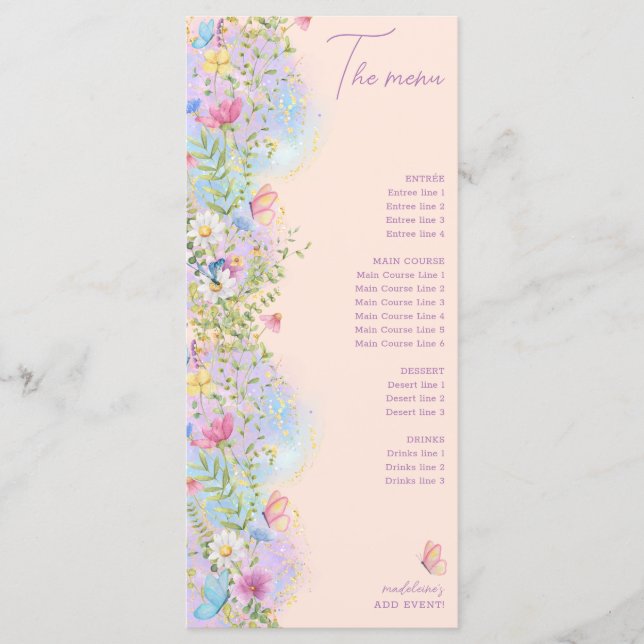 Menu Fleurs sauvages Whimsical Floral Jardin Mariage Do (Devant)