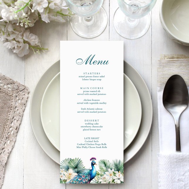 Menu Fleurs tropicales turquoises Mariage Peacock (Teal Tropical Flowers Peacock Wedding Menu on a wedding table.)