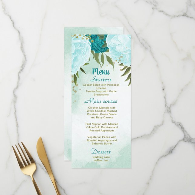 Menu fleurs turquoise vert feuille mariage (Devant/Arrière en situation)