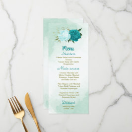 Menu fleurs turquoise vert feuille mariage