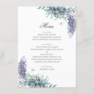 Menu Fleurs violettes. Mariage fleurie du jardin. Lavan