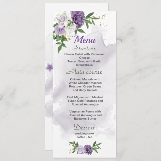 Menu fleurs violettes mariage vert (Devant / Derrière)