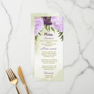 Menu fleurs violettes vert feuille mariage