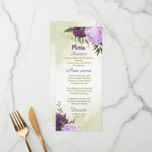 Menu fleurs violettes vert feuille mariage