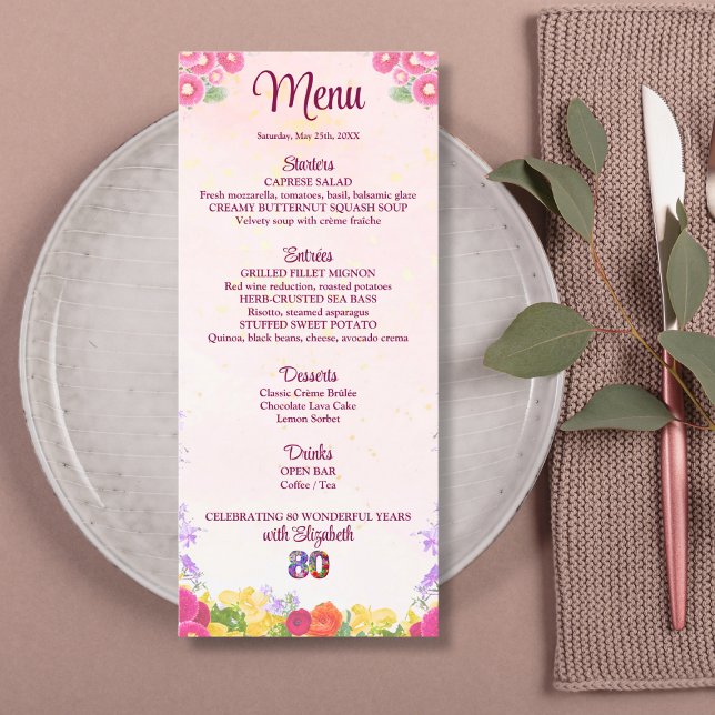 Menu Floral 80e anniversaire - Pastel Elegant 80 ans (Créateur téléchargé)