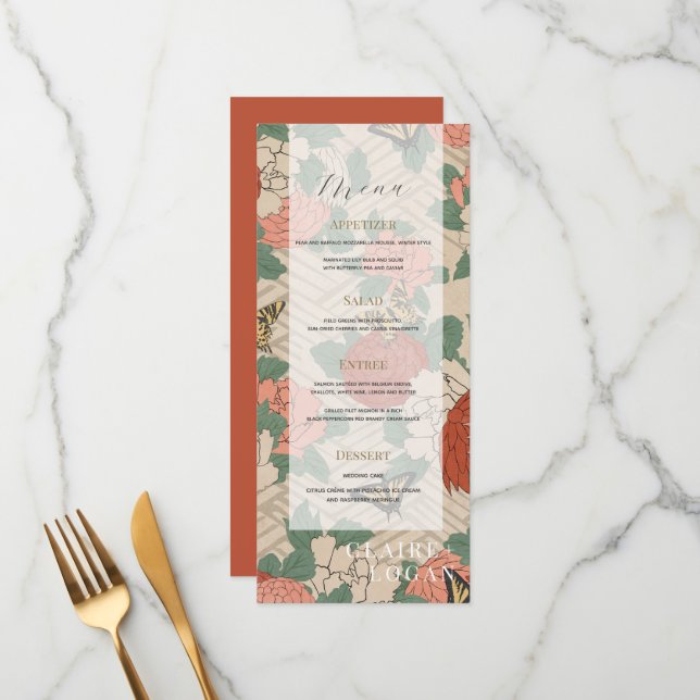 Menu Floral asiatique & Papillons Mariage beige (Devant/Arrière en situation)