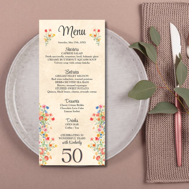 Menu Floral élégant fleur 50e anniversaire 50 ans (Créateur téléchargé)