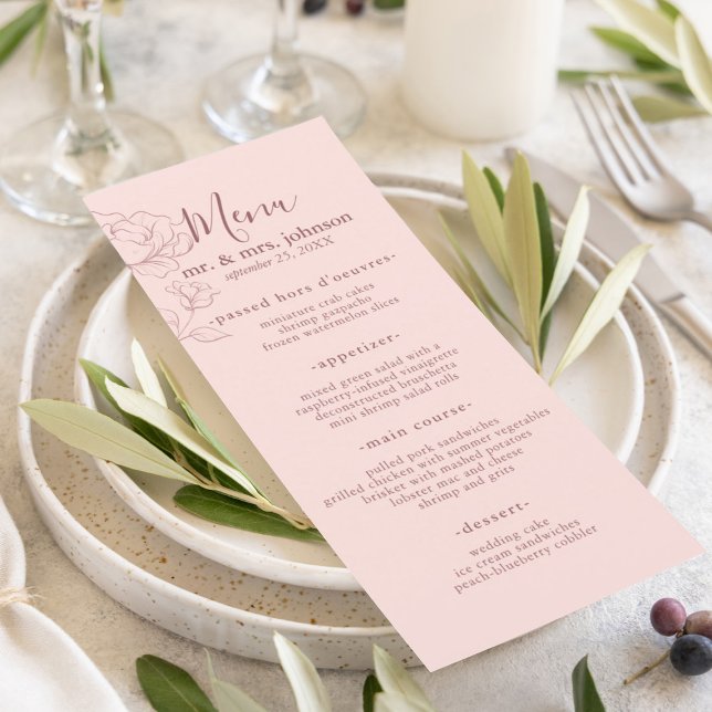 Menu Floral Élégant Rose Moderne (Blush pink with a modern floral outline makes a beautiful elegant design for your reception menu.)