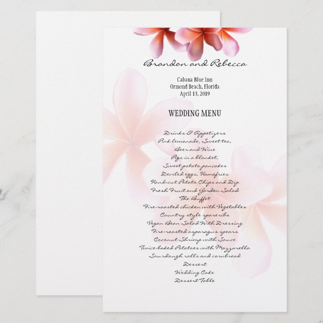 Menu Floral Mariage Plumeria rose (Devant / Derrière)