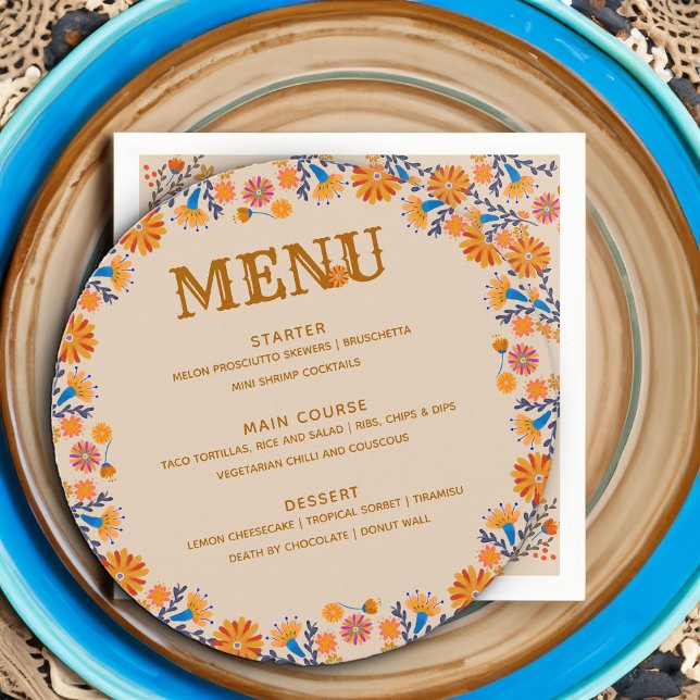 Menu Floral mexicain Occidental Terre Boho Tan Blue (Round Menu cards with for Quinceanera or other occasion with western boho mexican floral design)