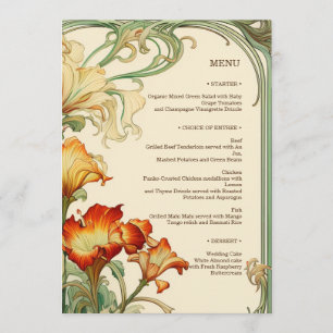 Menu Floral Mucha Art Nouveau Botanique rouge et orange