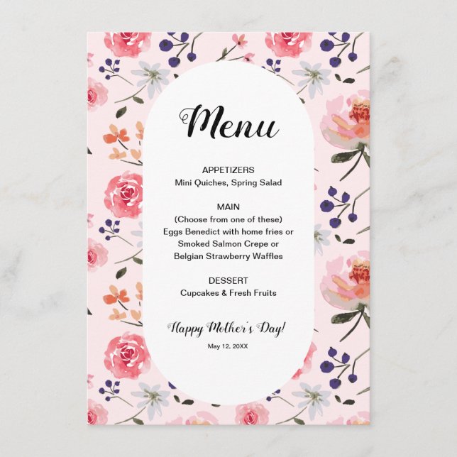 Menu Floral Rose Pink Peonies Printemps Fête des Mères  (Devant)