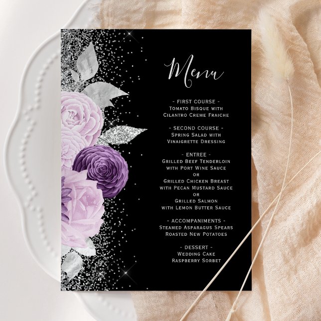 Menu Floral violet Parties scintillant argent Mariage n (Créateur téléchargé)