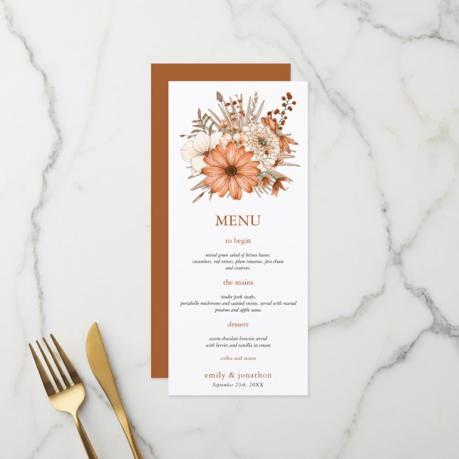 Menu Floraux d'aquarelle d'automne Feuillage Mariage Me (Devant/Arrière en situation)