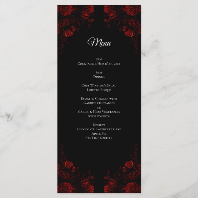 Menu Flore rouge profond Élégant Mariage gothique (Devant)