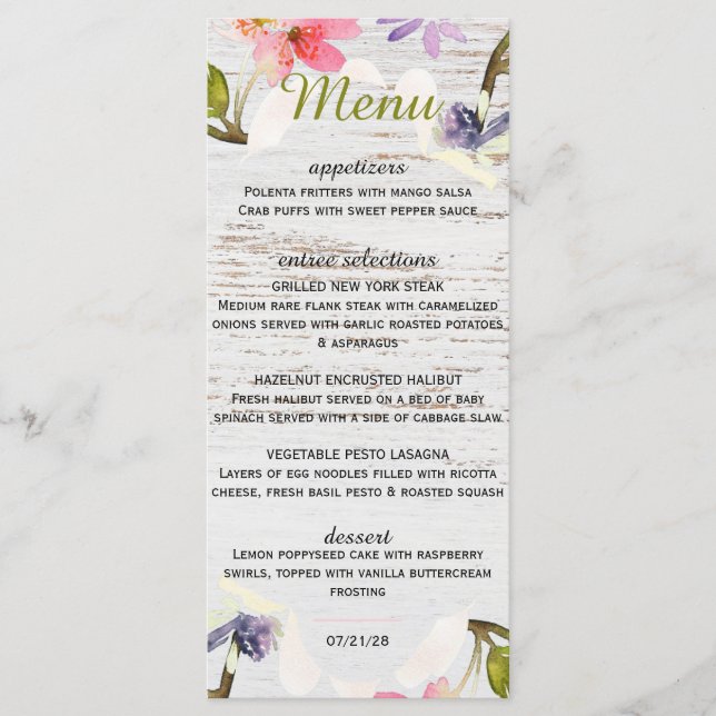 Menu Flores roses rustiques sur bois blanc (Devant)