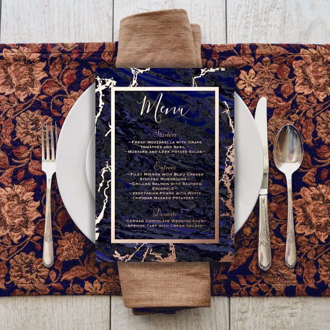 Menü "Foil & Navy Blue Wedding Food and Drinks" Folieneinladung (Von Creator hochgeladen)
