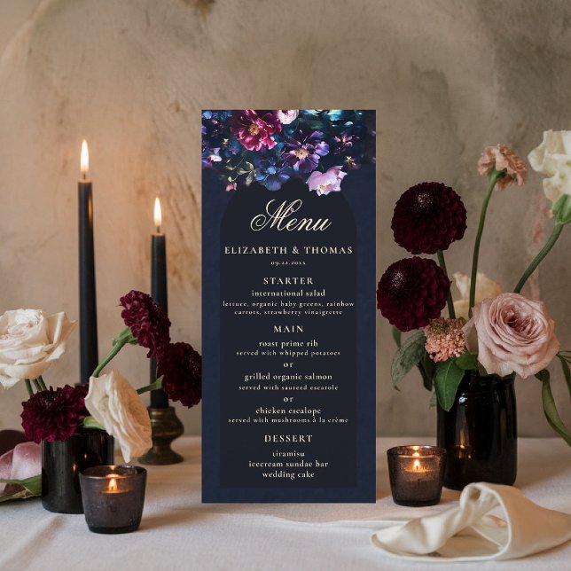 Menu Foncé romantique Moody Florals gothique Noir Maria (dark moody wedding menu purple black jewel tones dutch painting romantic gothic fall winter)