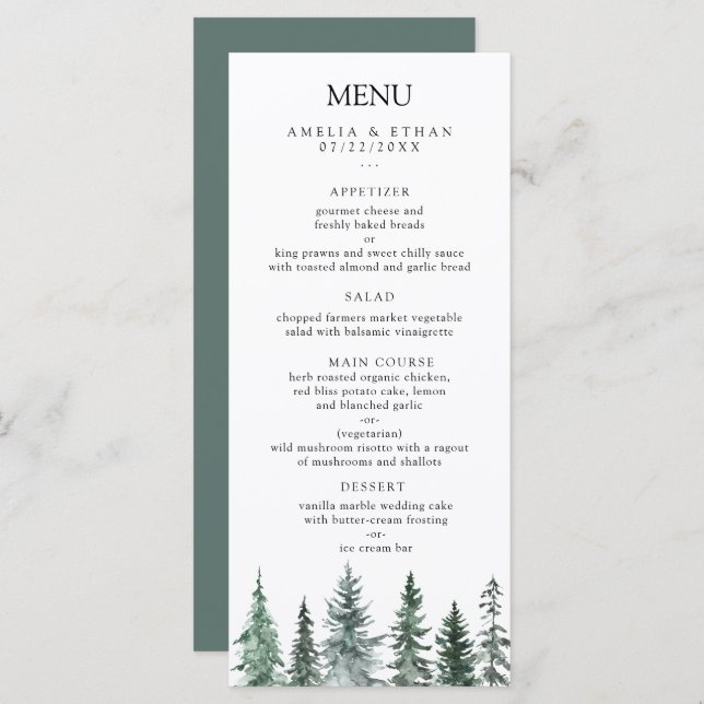 Menu Forest Wintre Watercolor Wedding (Devant / Derrière)