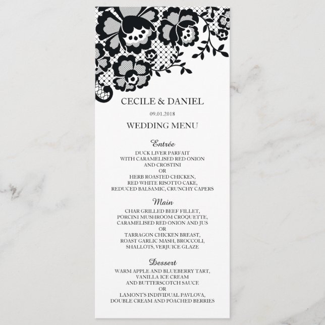 Menu formel de mariage de dentelle noire chic (Devant)