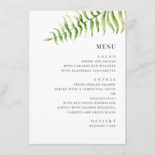 Menu Fougère verte à l'aquarelle. Mariage botanique ver