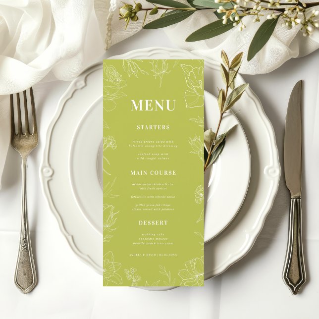 Menu Fresh Bright Lime Green Drawn Floral Bloom Wedding (Créateur téléchargé)