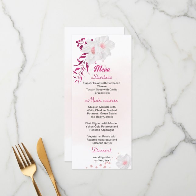 menu fuchsia & blanc à fleurs mariage (Devant/Arrière en situation)