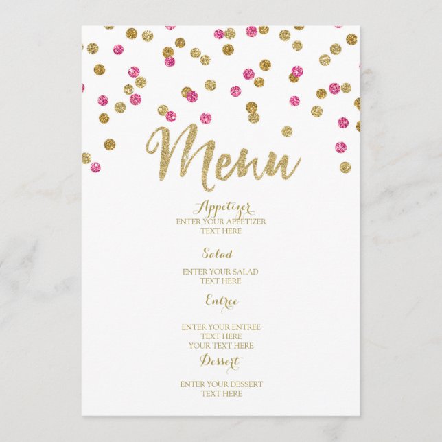 Menu fuchsia rose de mariage de confettis d'or (Devant)