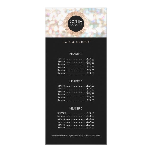 Menü "Fun Bokeh and Rose Gold Salon Price" (Vorne)