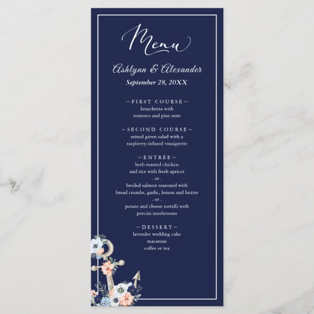 Menü für blaue Pfirsichkarten für Hochzeiten Menükarte (Vorderseite)