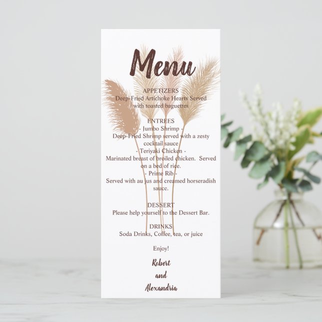Menü für die Hochzeitsempfehlung | Pampas Grass Menükarte (Stehend Vorderseite)