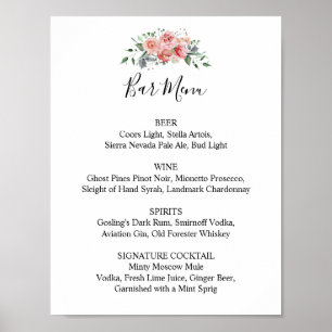 Menü für die Hochzeitsempfehlung Rosa Blumenschrif Poster