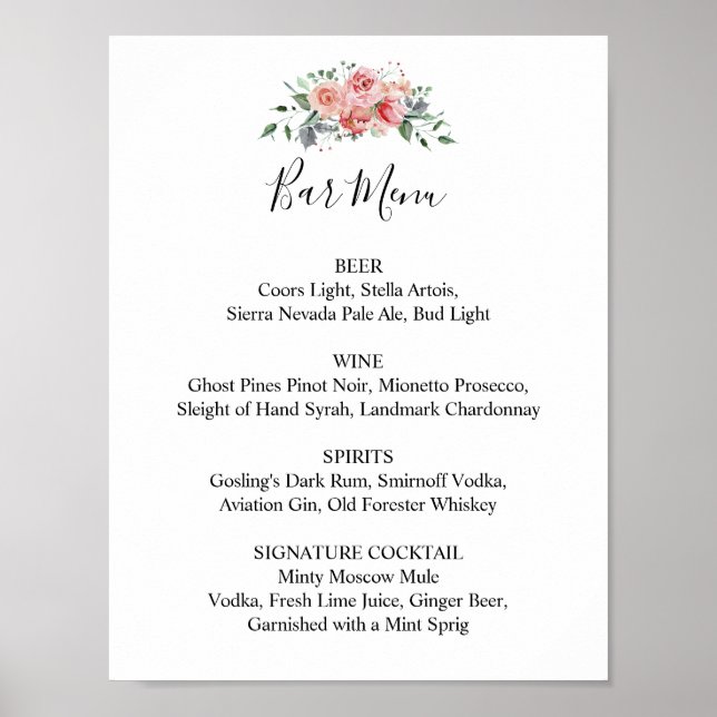 Menü für die Hochzeitsempfehlung Rosa Blumenschrif Poster (Vorne)
